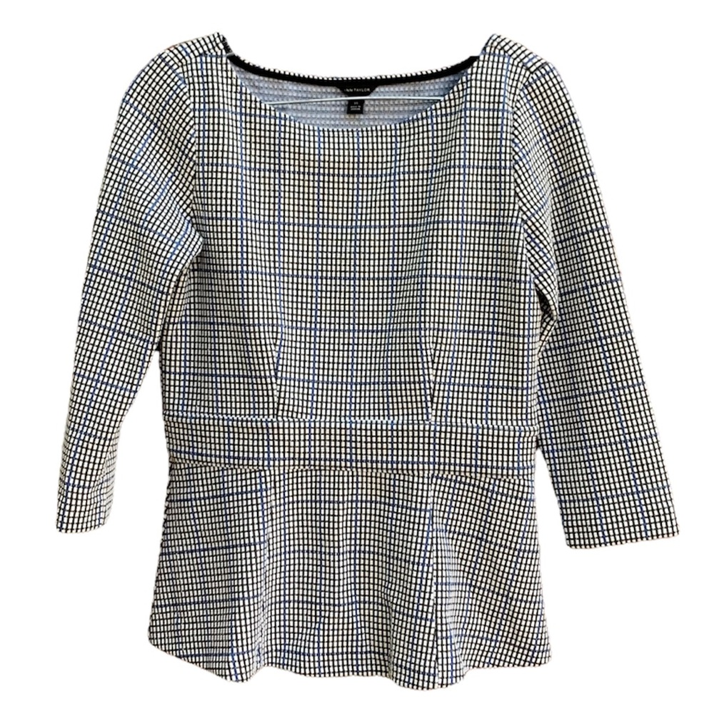 Ann Taylor Cream Black Blue Boat Neck Textured Zippered Knit Top